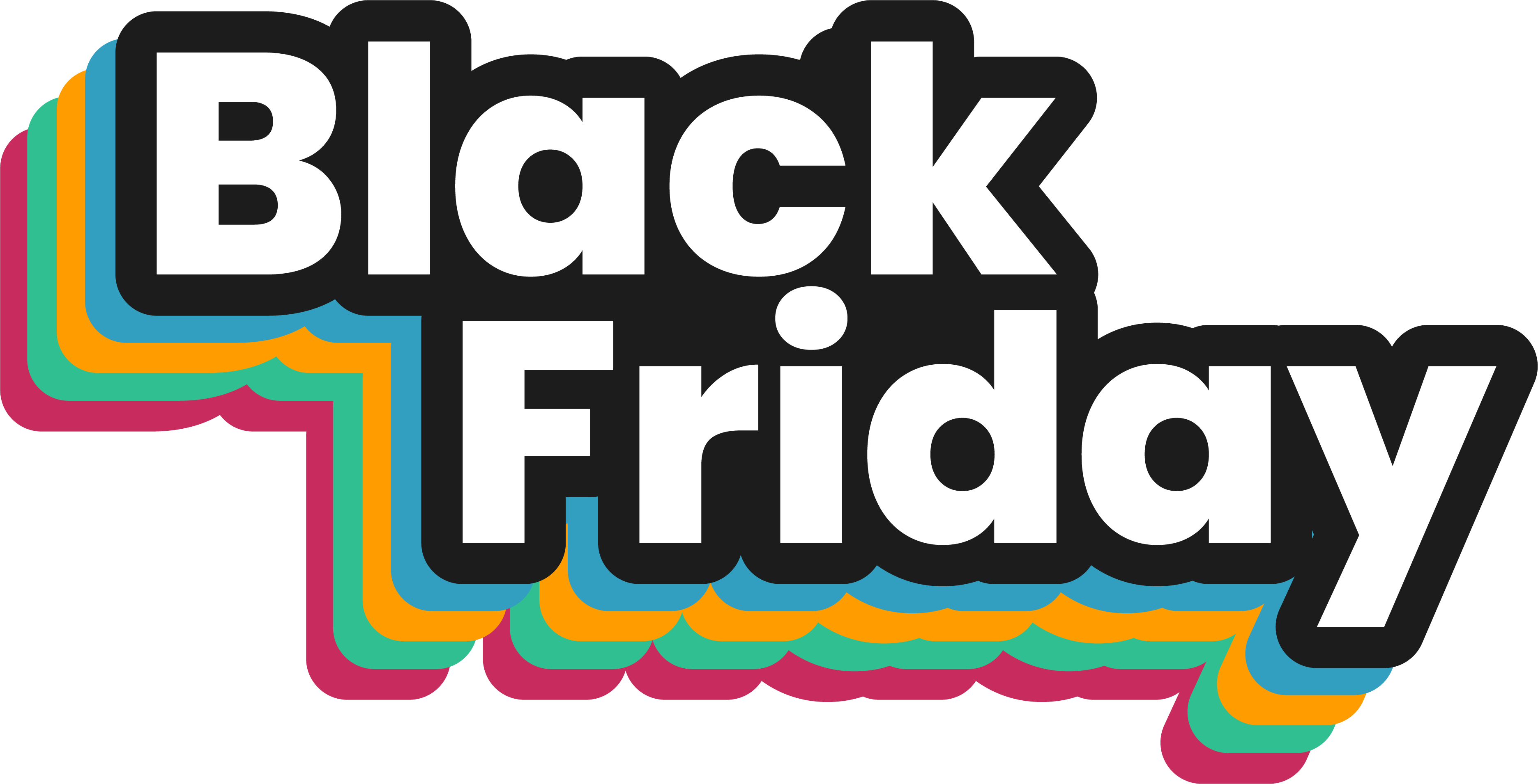 Black friday escrito em branco, com camadas coloridas com as cores do Detalhei embaixo do texto principal